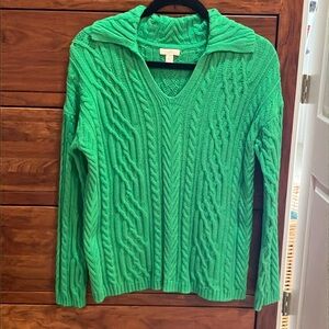 J Jill Green V Neck Cable Knit Sweater Size S